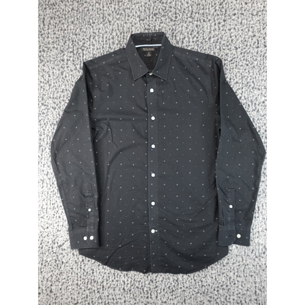 Banana Republic Button Down Mens Medium Black Good Slim Fit Non-Iron Micro-Print